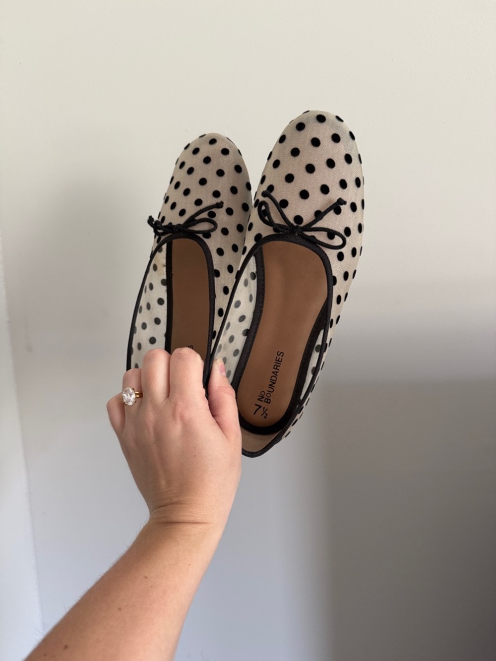 No Boundaries Beige Polka Dot Ballet Flats with Black Trim